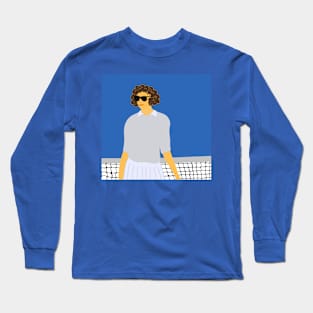 Illustration of a brown curly hair tennis player standing at the net Long Sleeve T-Shirt